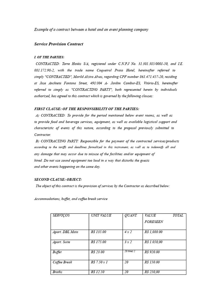 Hotel Event Planning Contract Template | PDF | Salad | Lunch