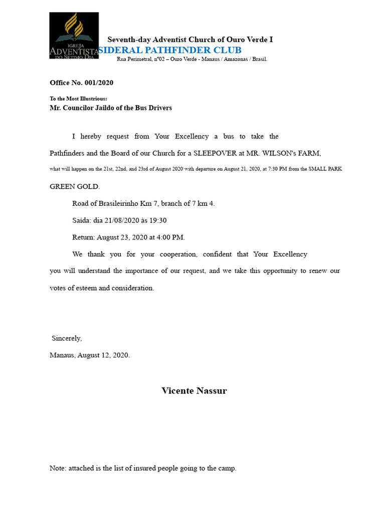 Model of Official Letter 001-2020 Sideral Camp | PDF | Brazil