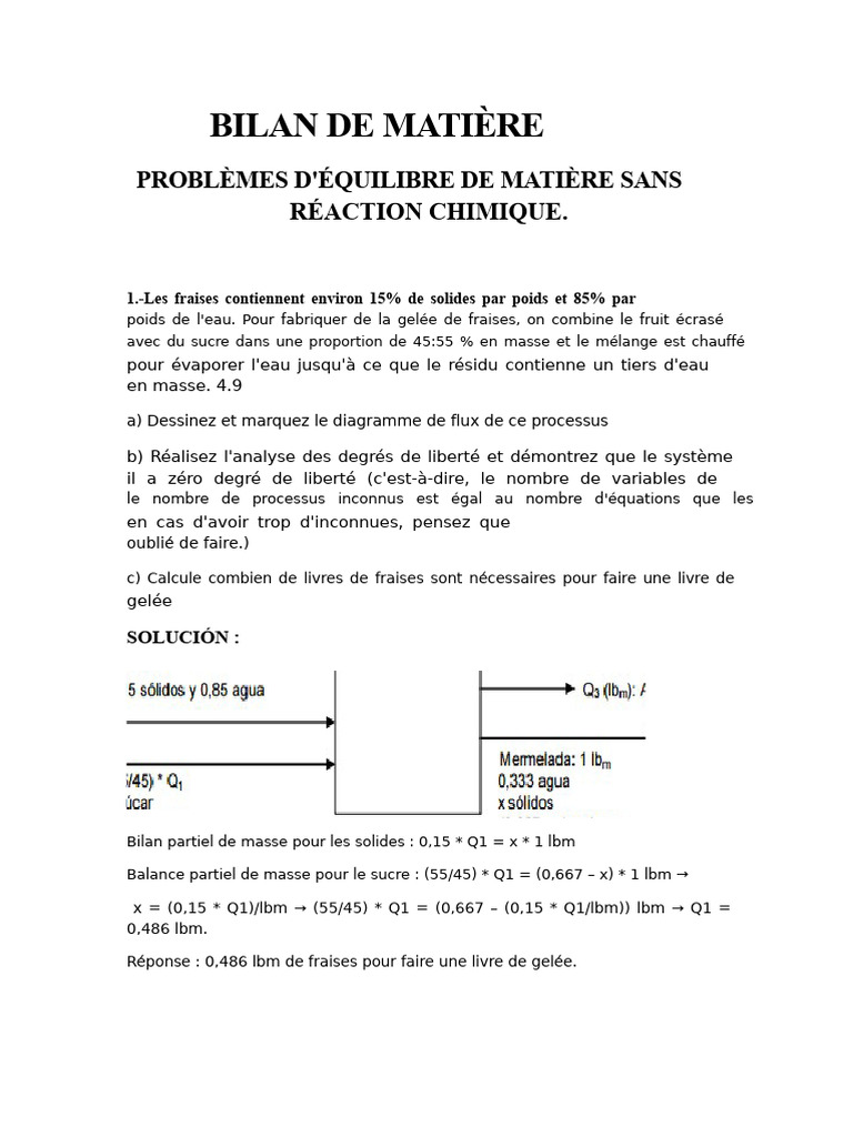 Bilan de matière : processus et calculs | PDF | Équilibre chimique ...
