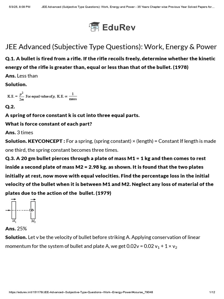 JEE Advanced Work, Energy & Power Questions | PDF | Force | Collision