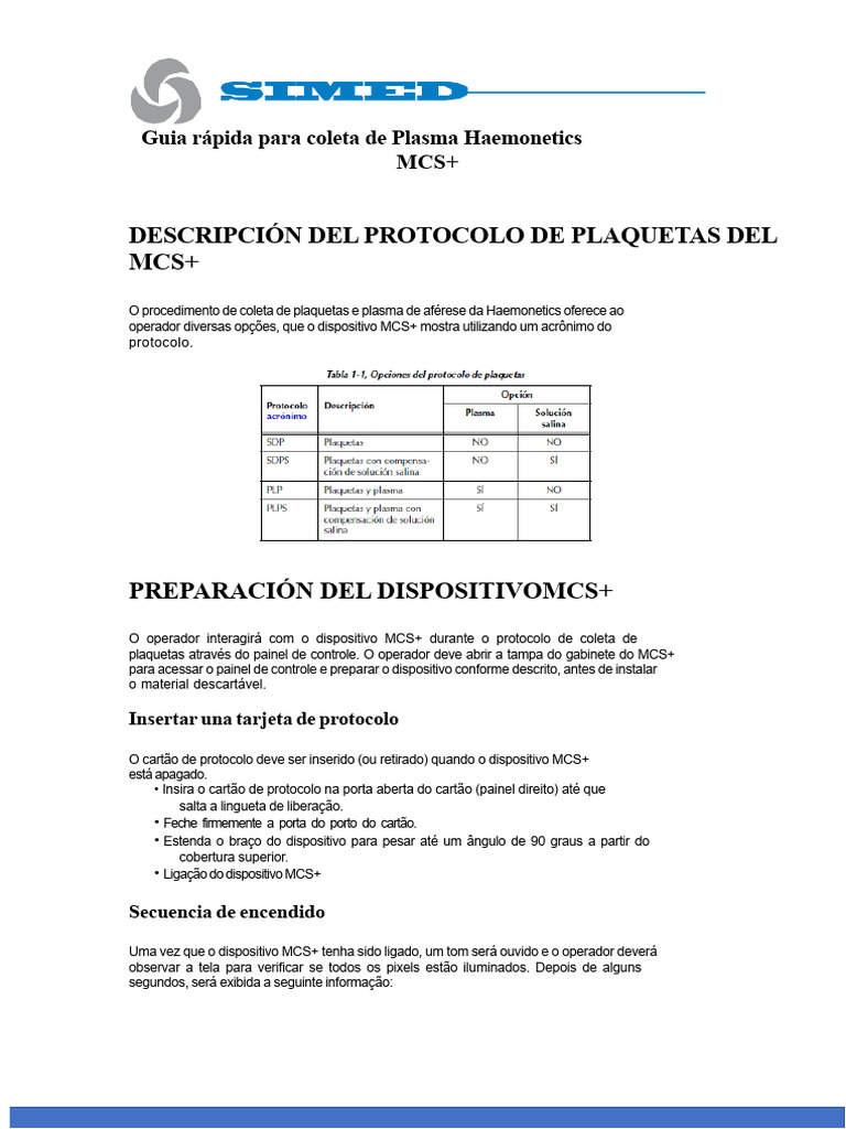 Coleta de Plasma com MCS+: Guia Rápido | PDF