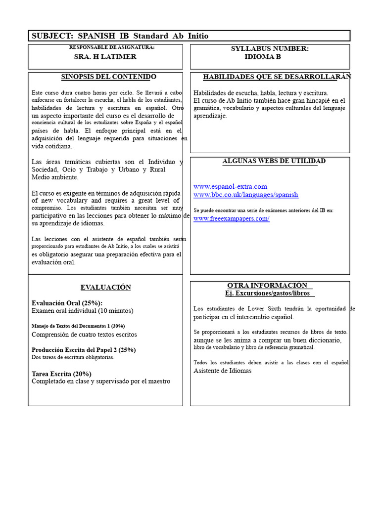 Curso de Español IB Ab Initio: Contenido y Evaluación | PDF ...