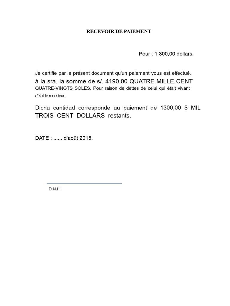 Certificat de paiement de 1 300 $ | PDF