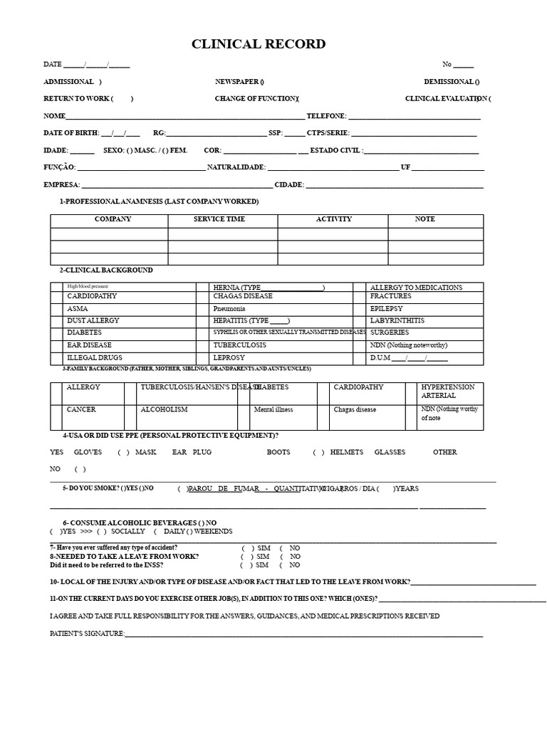 Clinical Evaluation and Medical History Form | PDF | Health Care ...