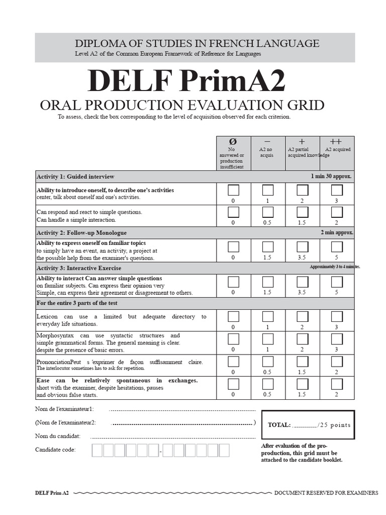 DELF Prim A2 Oral Evaluation Grid | PDF | Communication | Cognition