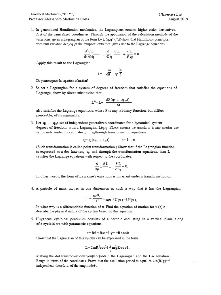 Advanced Lagrangian Mechanics Exercises | PDF | Lagrangian Mechanics ...