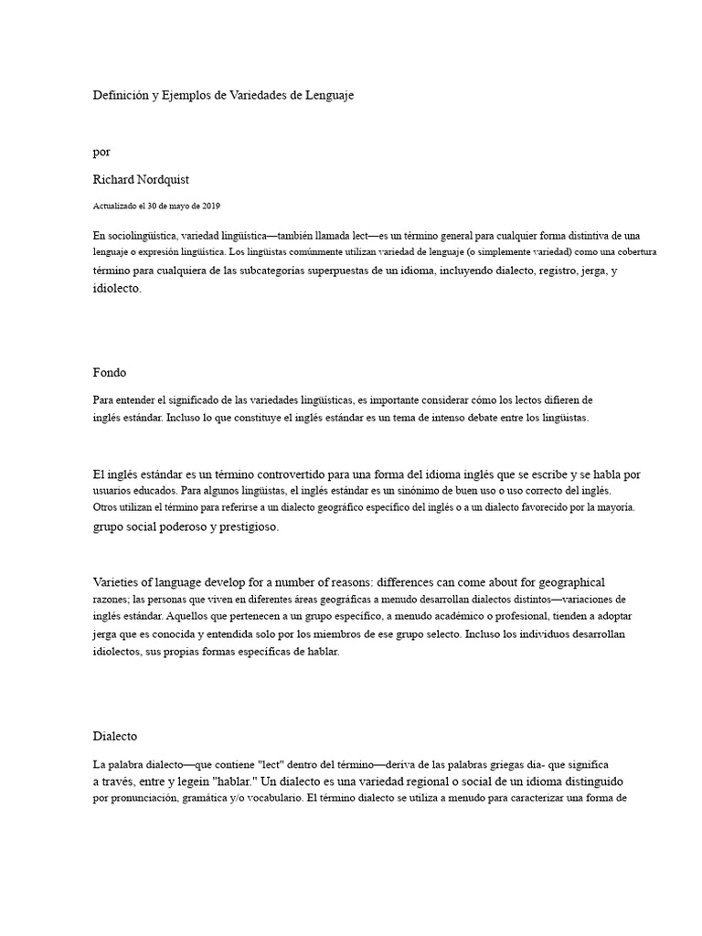 Variedades de Lenguaje: Definición y Tipos | PDF | Dialecto | Idioma en ...