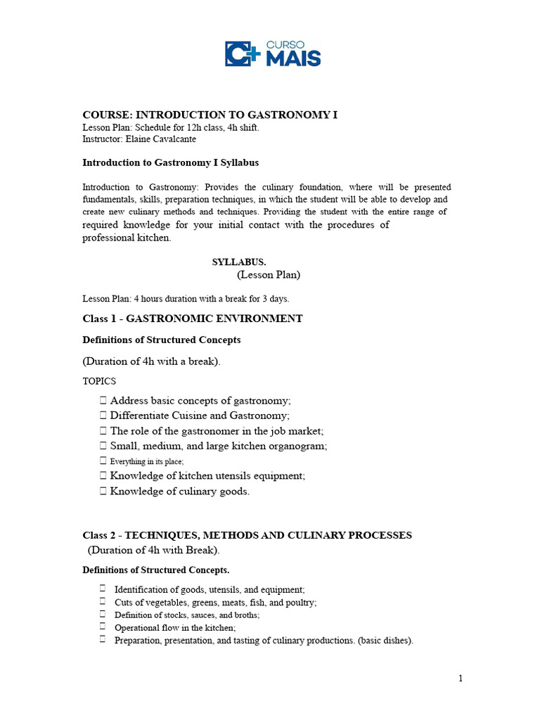 Lesson Plan - Cooking - Introduction To Gastronomy | PDF