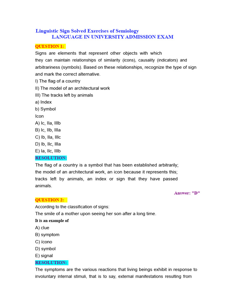 Linguistic Sign Exercises Solved On Semiotics Language in University
