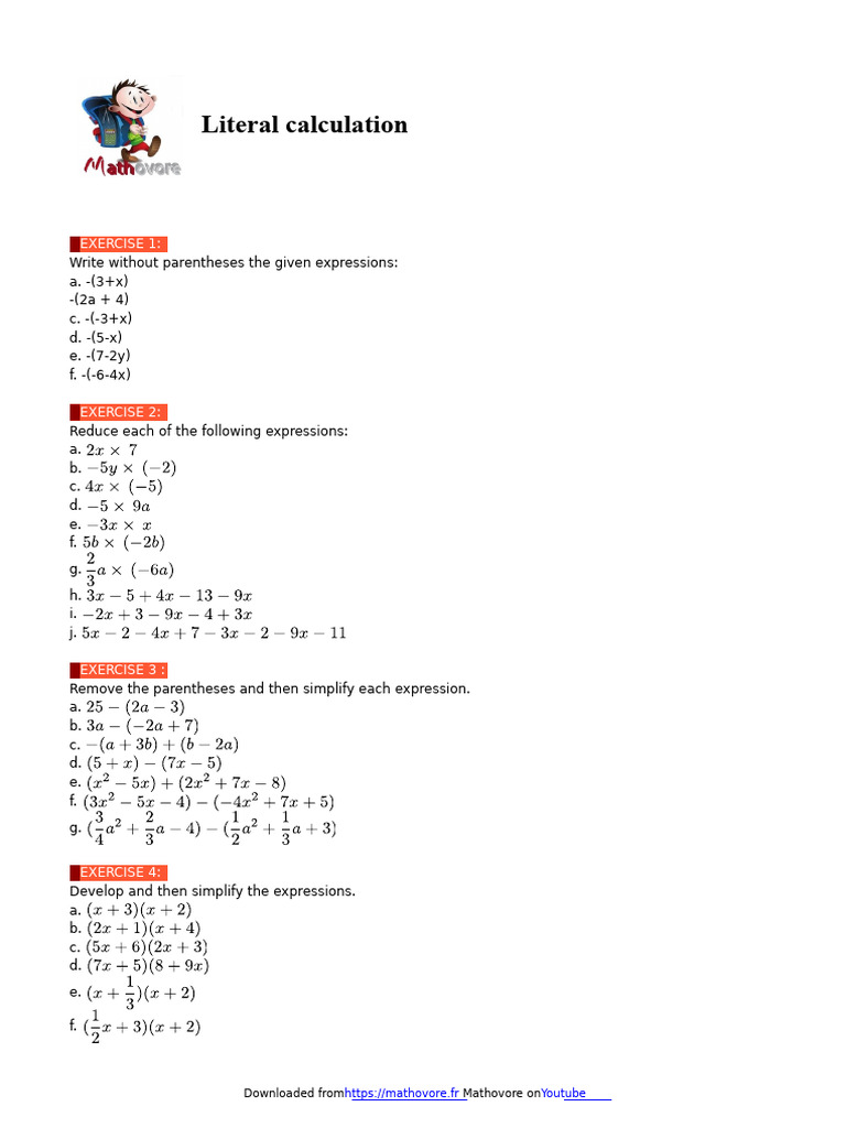 Literal Calculation Exercises and Solutions | PDF | Area | Numbers