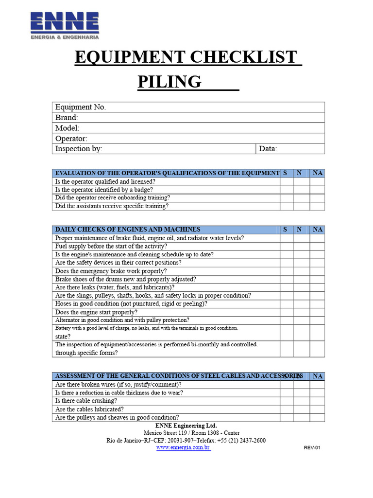 Piling Equipment Inspection Checklist | PDF | Machines | Engines