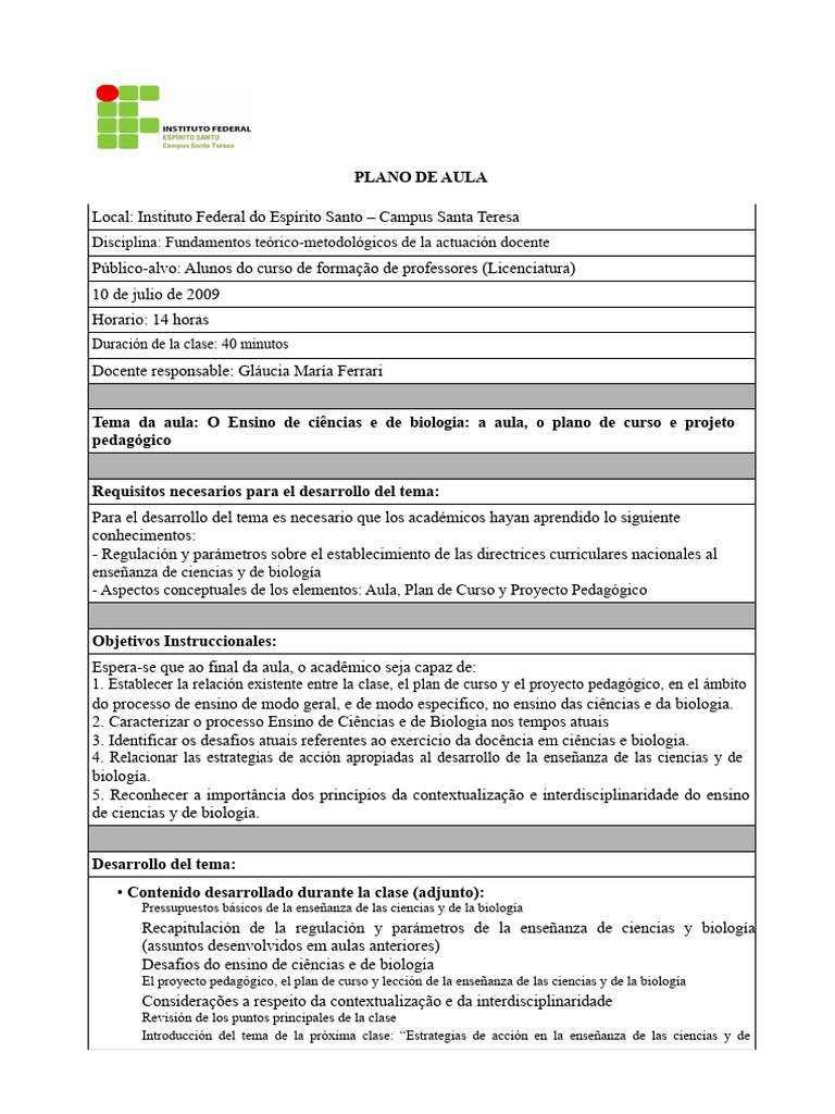 Ejemplo de Plan de Clase | PDF | Enseñando | Salón de clases