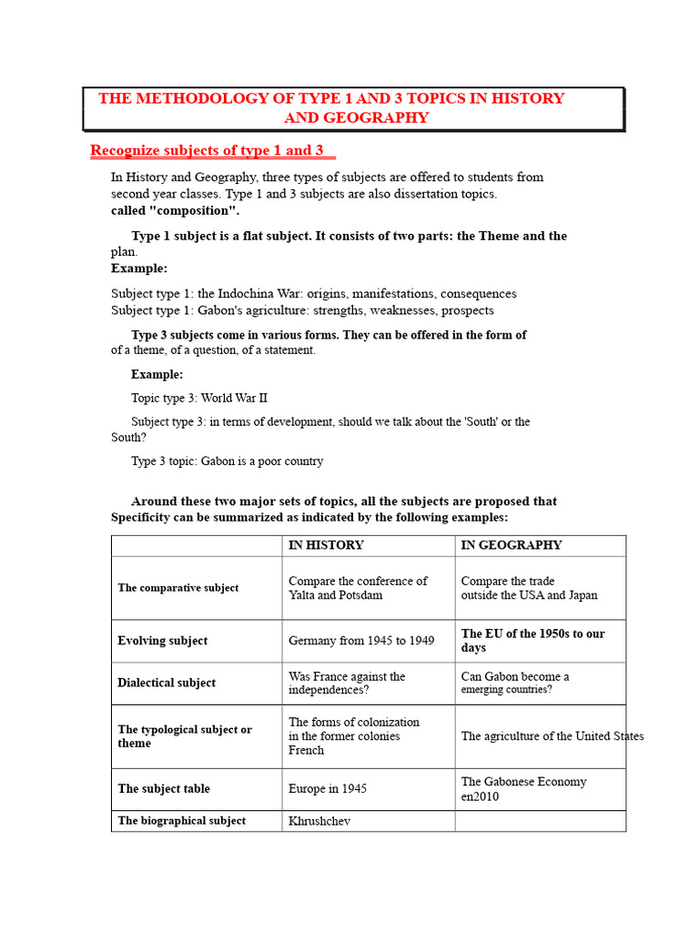 The Methodology of Type 1 and 3 Subjects in History and Geography | PDF ...