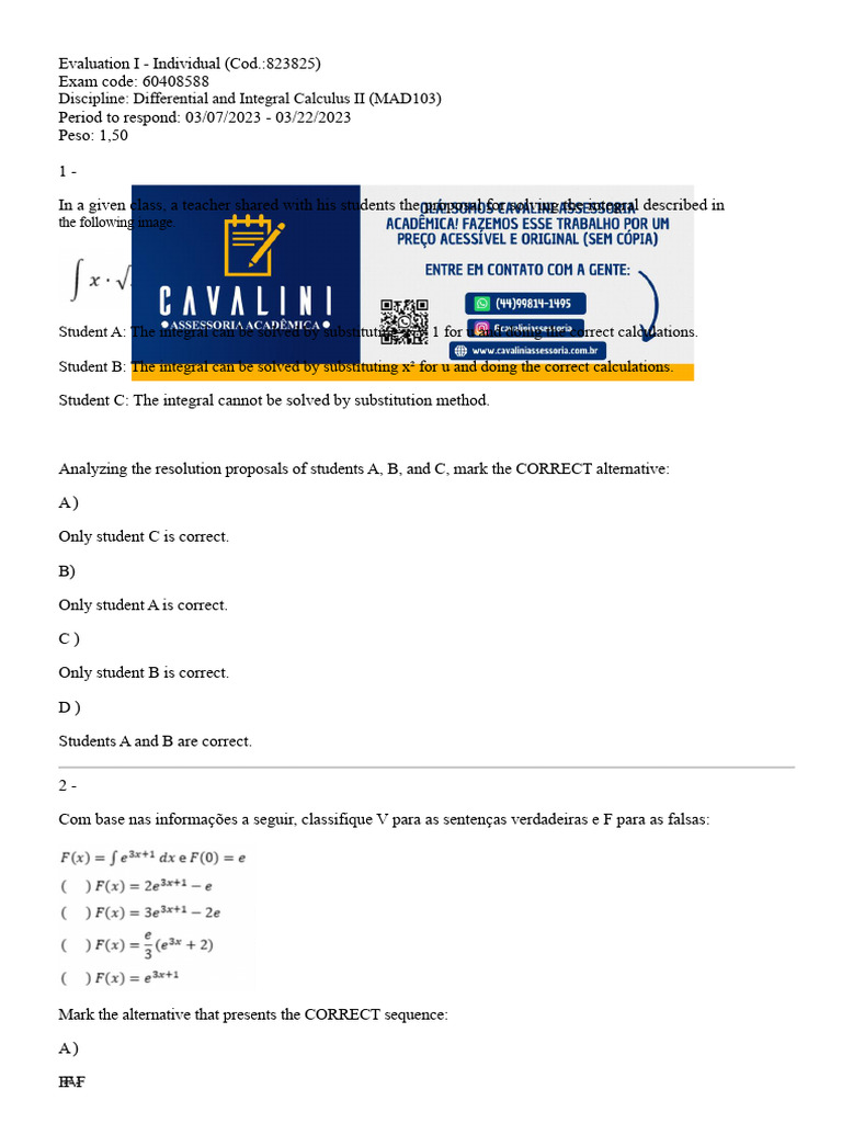 Assessment I - Differential and Integral Calculus II - Uniasselvi | PDF ...