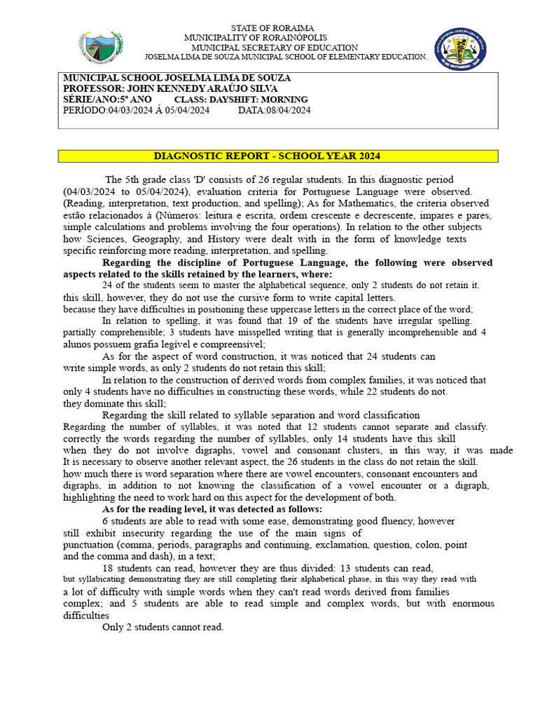DIAGNOSTIC REPORT - 5TH YEAR D 2024 (1) | PDF | Literacy | Multiplication