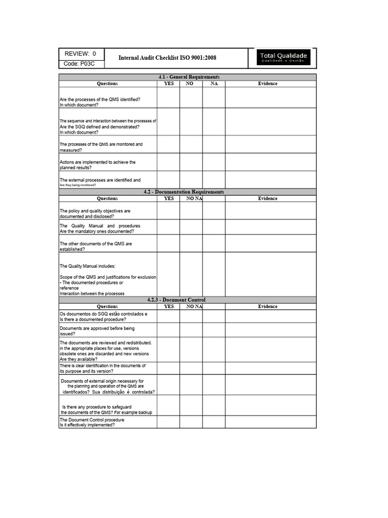ISO 9001:2008 Internal Audit Checklist | PDF | Occupational Safety And ...