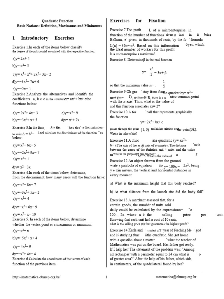 Quadratic Functions: Exercises & Analysis | PDF | Quadratic Equation ...