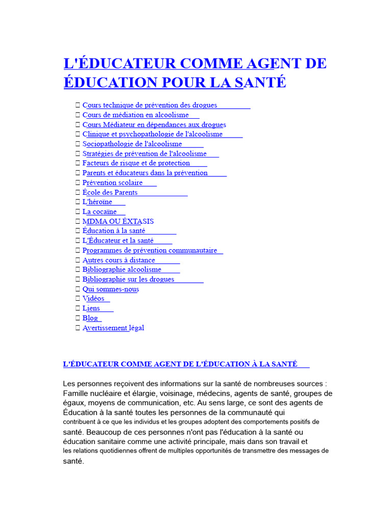 Rôle des Éducateurs en Santé et Prévention | PDF | Médicaments | Alcoolisme