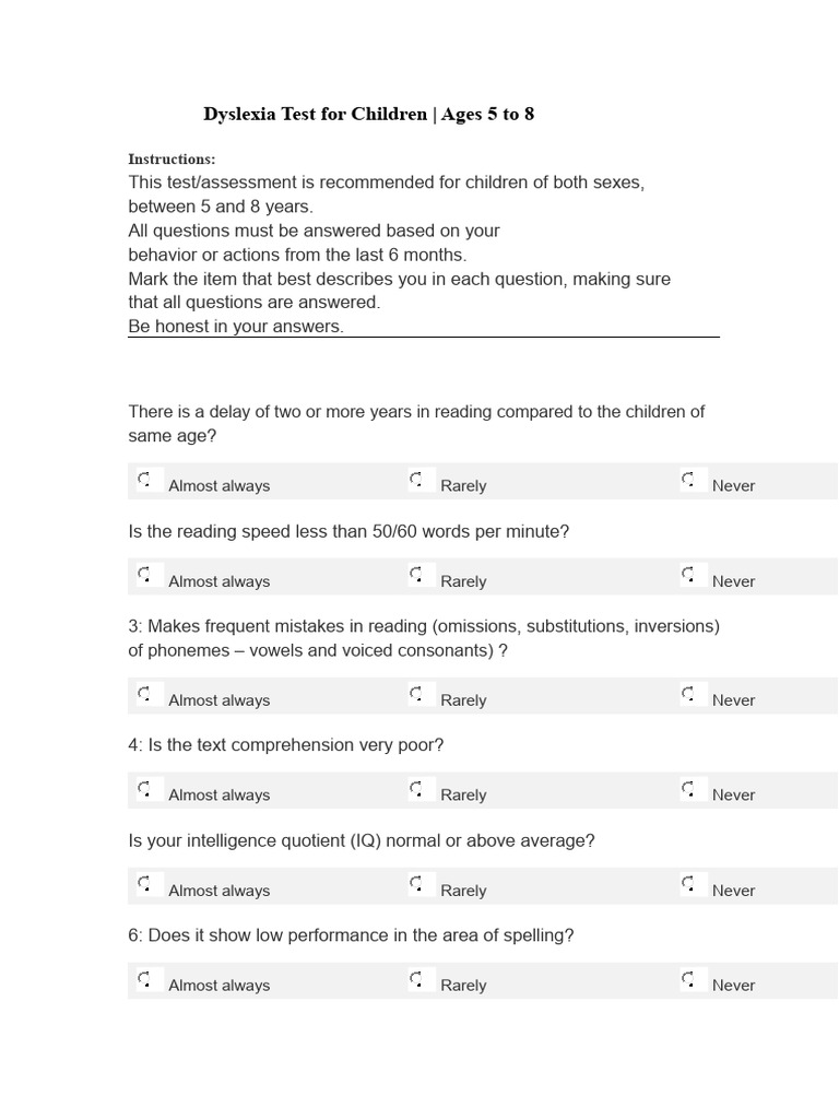 Dyslexia Assessment for Kids 5-8 | PDF