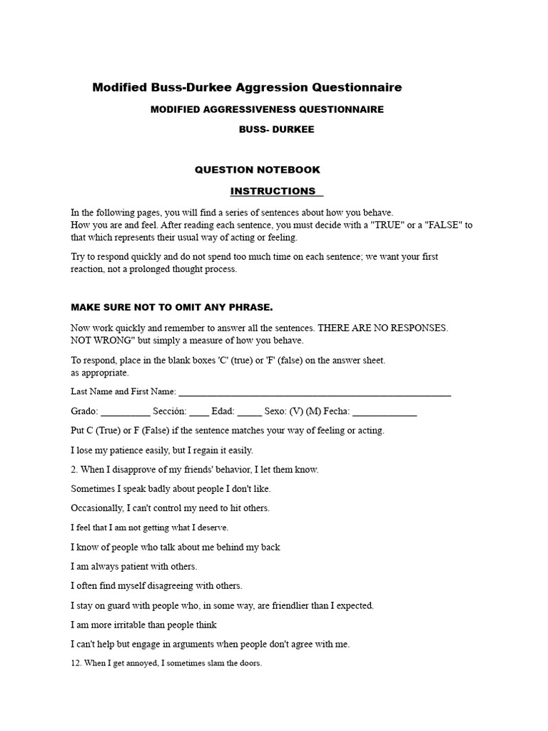Modified Buss Aggression Questionnaire | PDF | Anger | Questionnaire