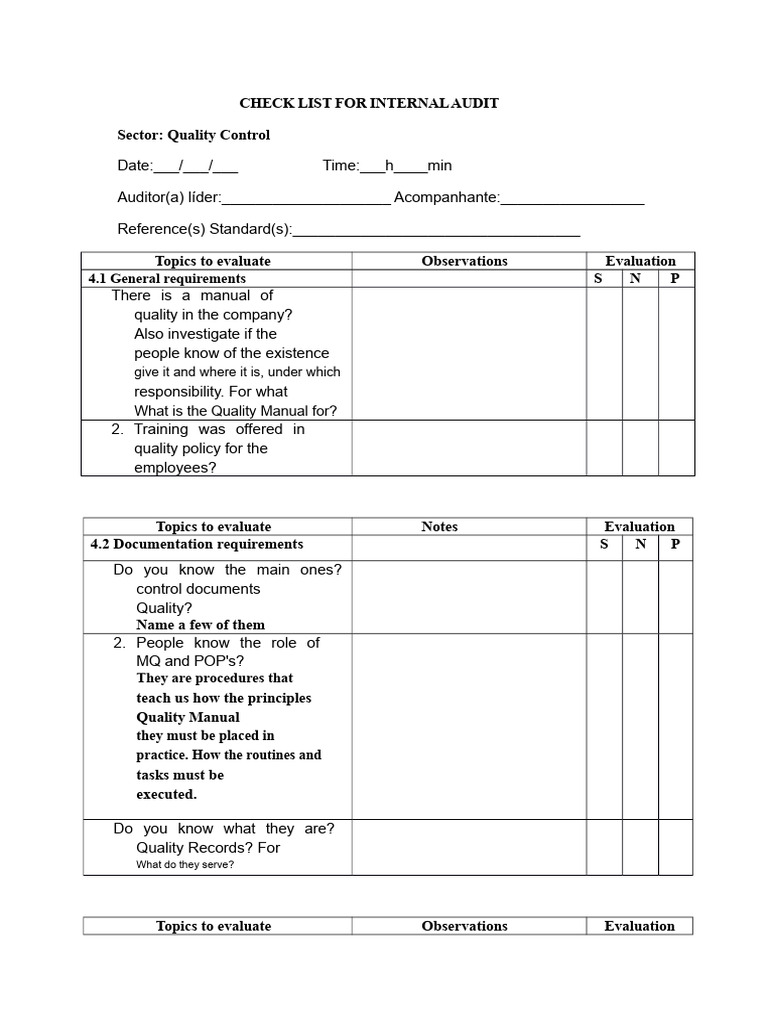 Internal Audit Checklist for Quality Control | PDF | Audit | Internal Audit