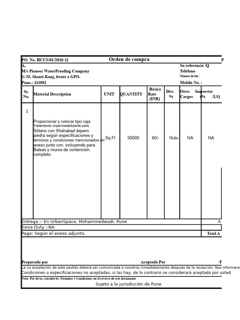 Orden de Compra para Impermeabilización | PDF