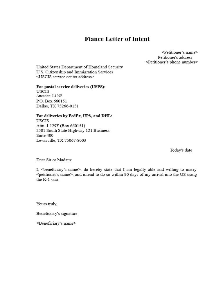 K-1 Visa Intent to Marry Letter Template | PDF | United States