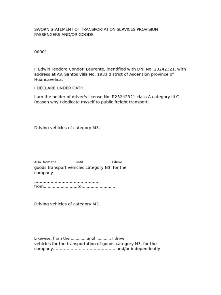 Sworn Declaration of Passenger Transport Services and | PDF