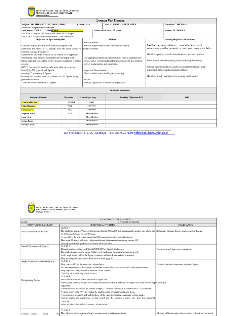 Geometry Unit Lesson Plan for 4°A | PDF | Angle | Geometry