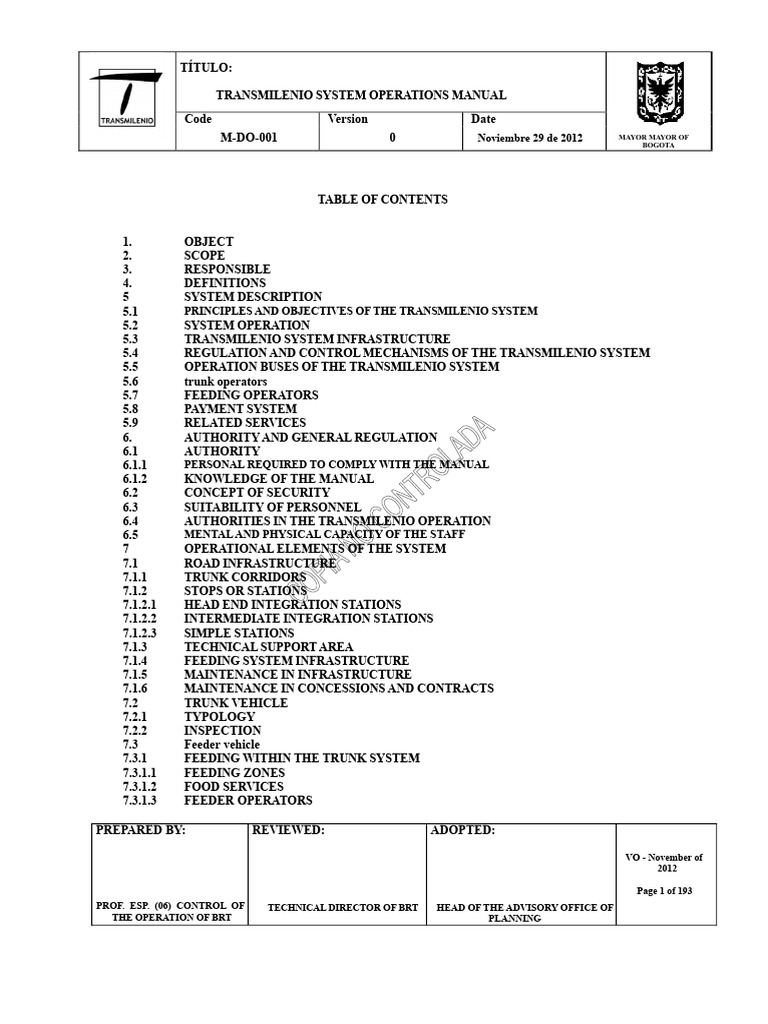 M-DO-001 TransMilenio System Operations Manual | PDF | Land Transport ...