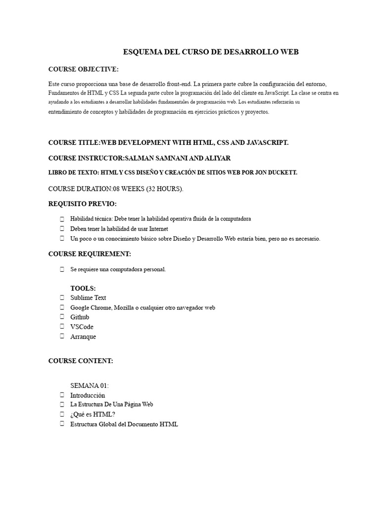 Esquema Del Curso de Desarrollo Web | PDF | HTML | Red mundial