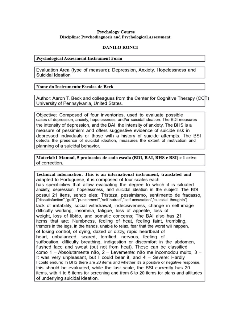Beck Scales for Psychological Assessment | PDF | Depression (Mood ...
