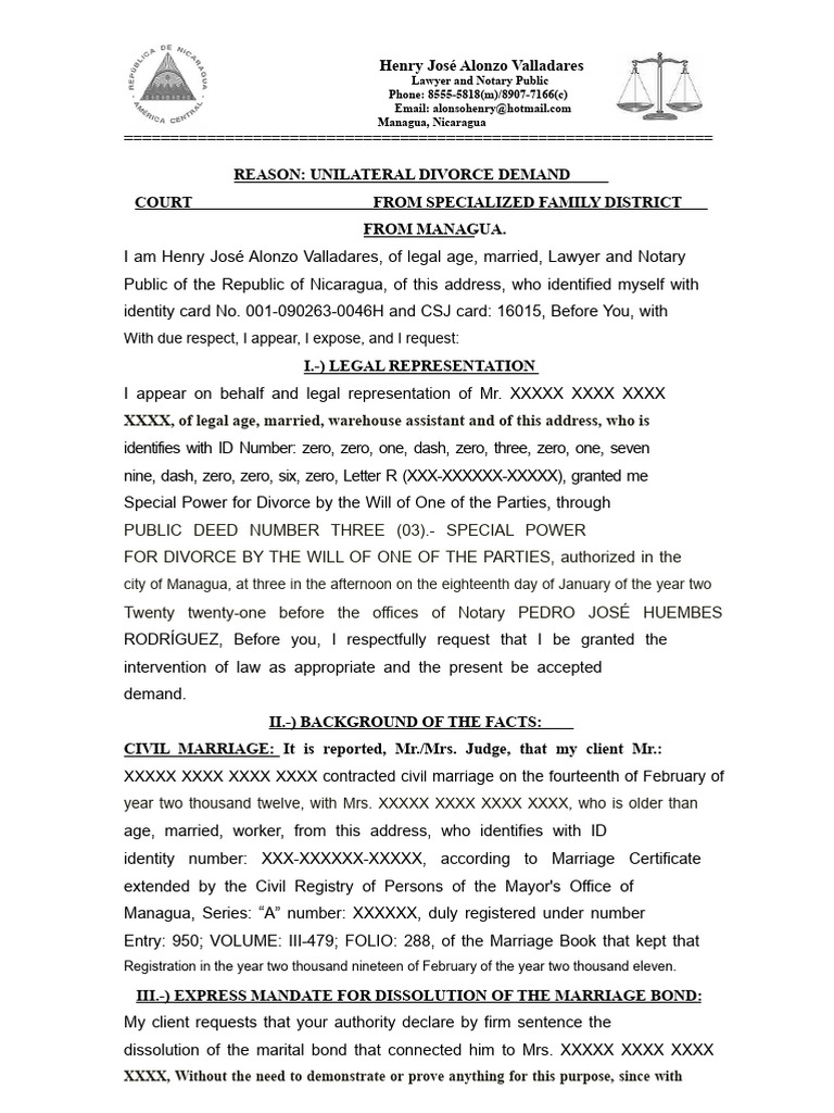 Unilateral Divorce Demand Nicaragua | PDF | Child Support | Divorce