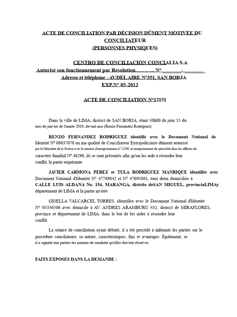 Acte de Conciliation Par Décision Dûment Motivée Du Conciliateur | PDF ...