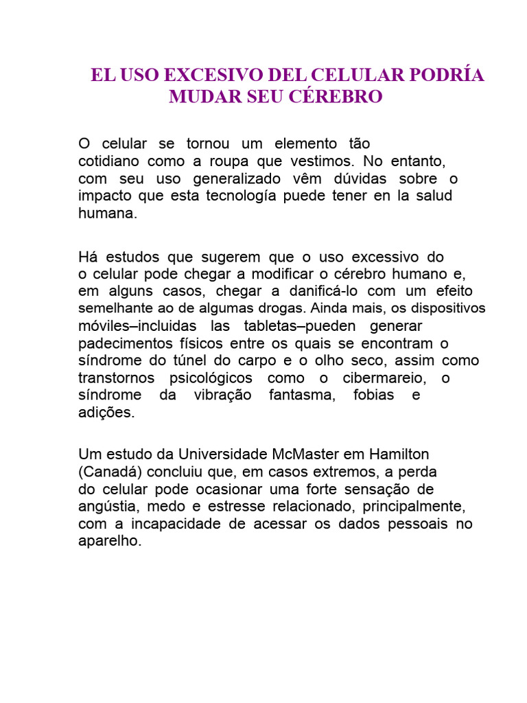 8° O USO EXCESSIVO DO CELULAR PODERIA MUDAR SEU CÉREBRO | PDF ...