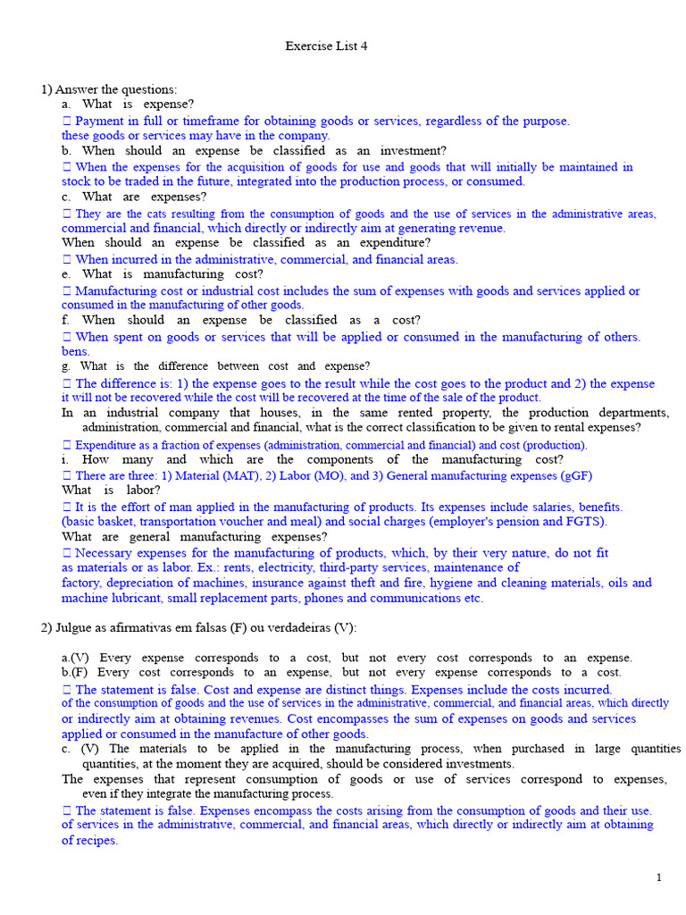 Exercise List 4 Answer Key | PDF | Expense | Cost