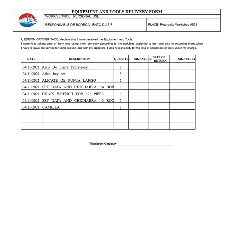 Equipment Delivery Form for Personal Use | PDF