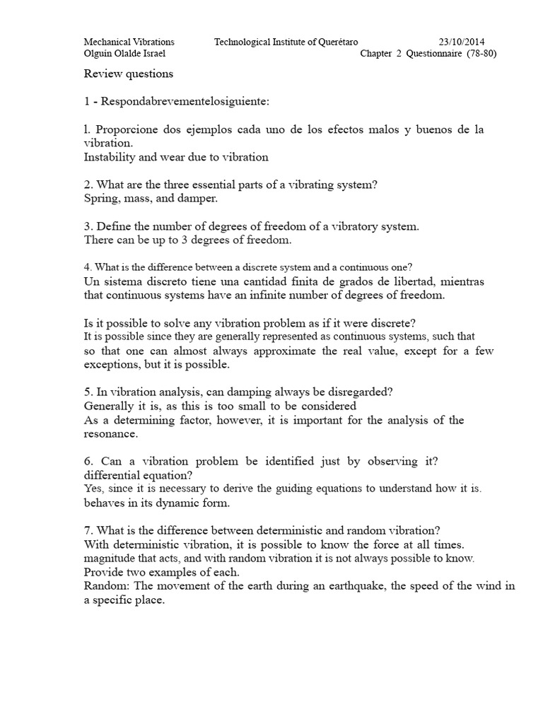 Mechanical Vibrations Questionnaire Insights | PDF | Oscillation | Damping