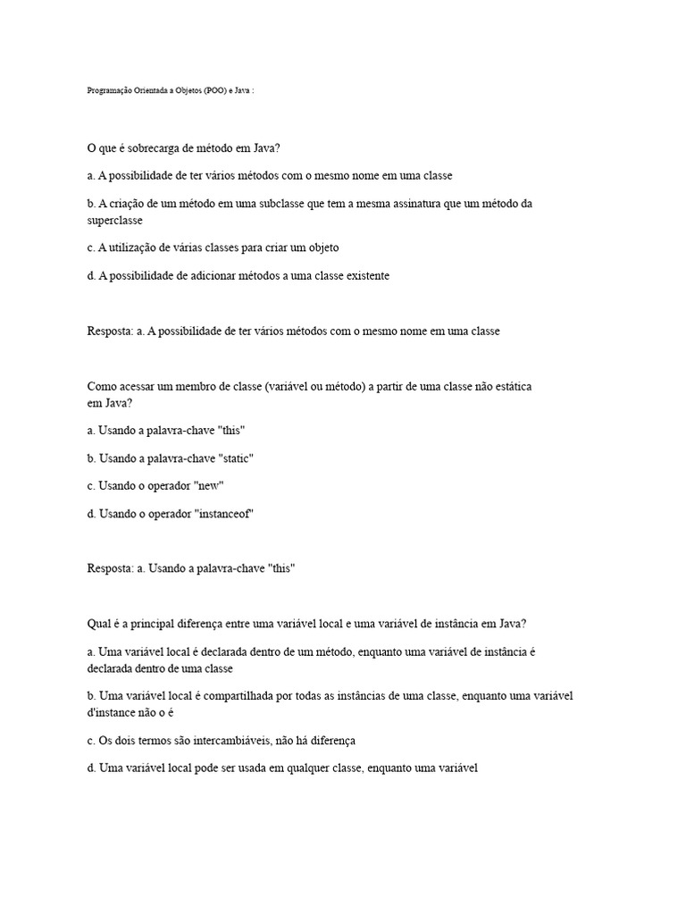 Conceitos de POO e Java: Perguntas e Respostas | PDF | Classe ...