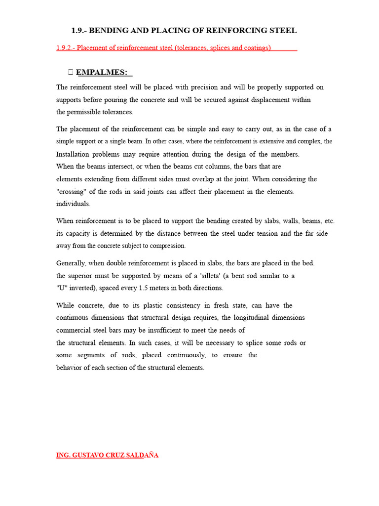 1.9.2. - Placement of Reinforcement Steel (Tolerances, Splices, and ...