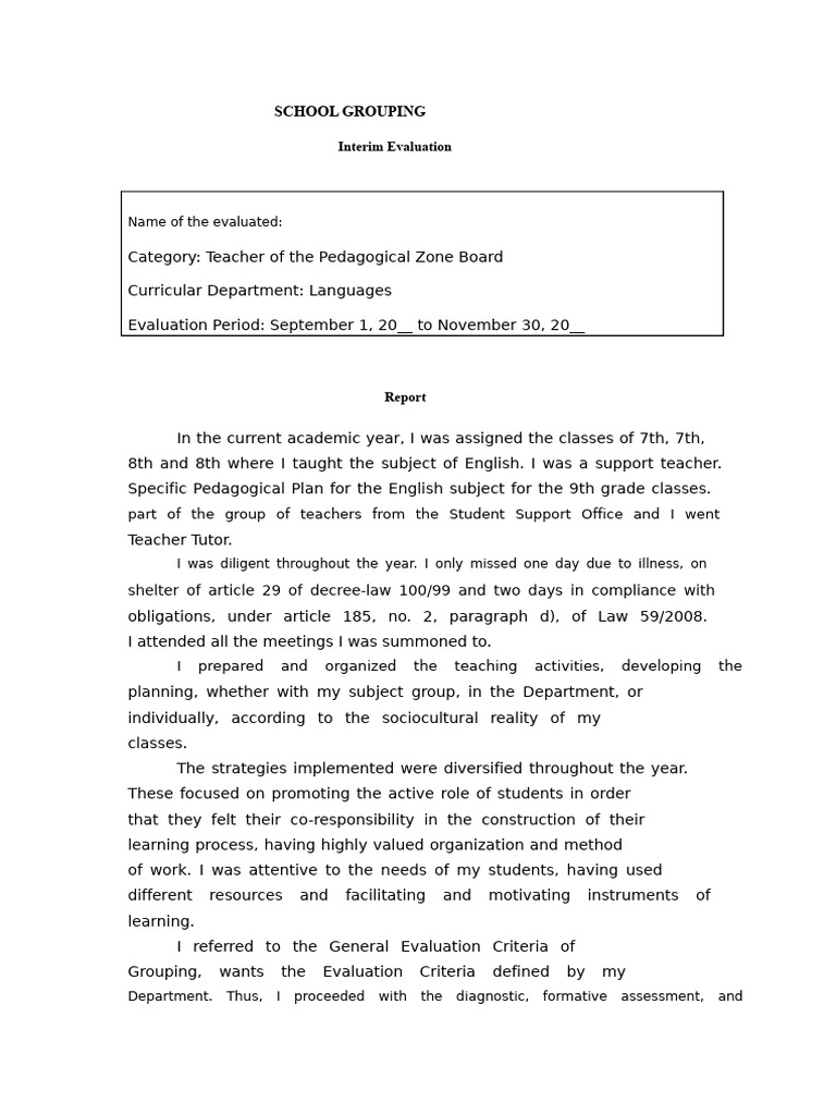 Teacher Evaluation Report: English Curriculum | PDF | Teachers | Teaching