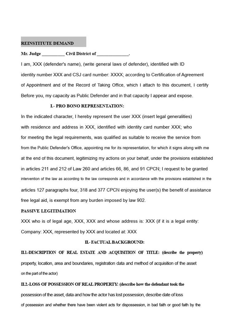 Demand For Recovery of Real Property and Restitution of Possession ...