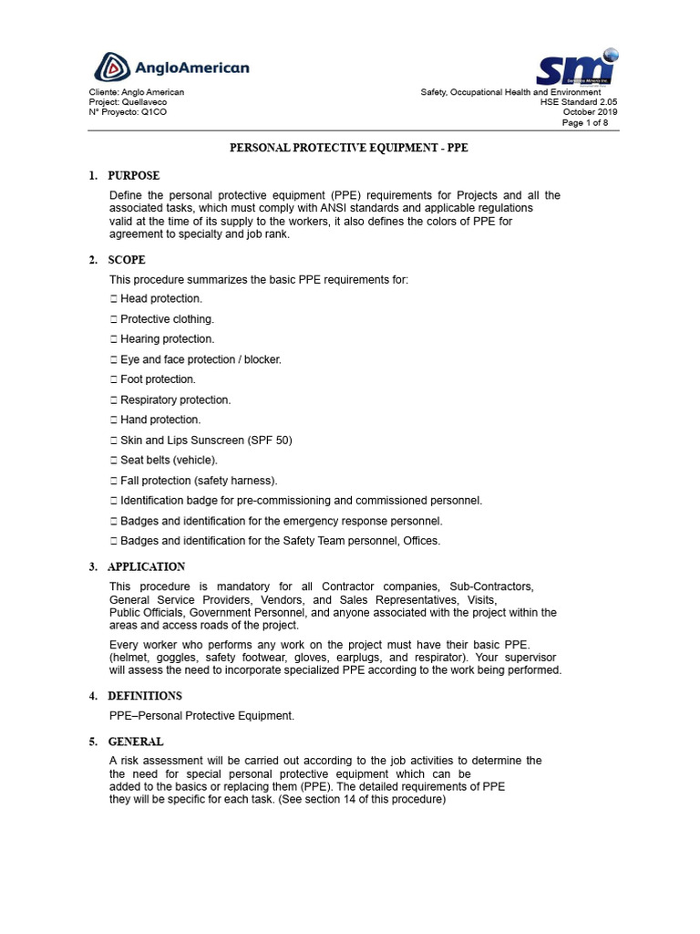 PPE Requirements for Quellaveco Project | PDF | Personal Protective ...