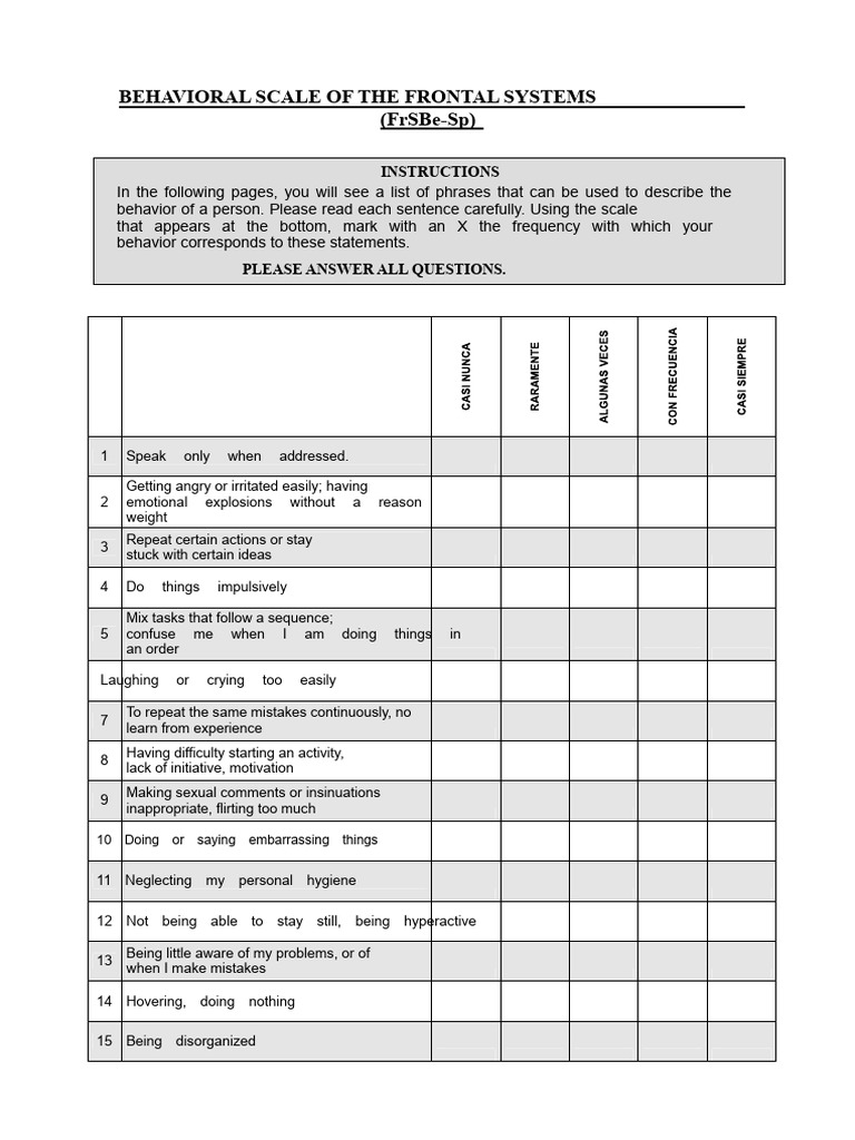 Frontal Systems Behavior Scale Guide | PDF | Psychology | Behavioural ...