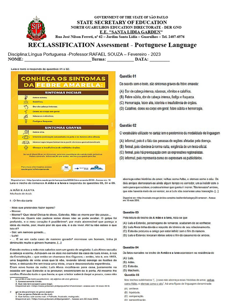 Reclassification Assessment - Portuguese Language - 9th grade | PDF ...