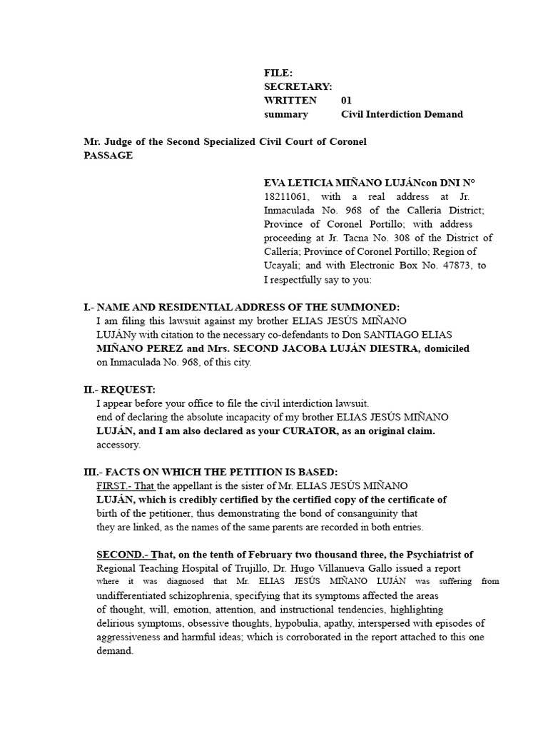 Civil Interdiction Claim | PDF | Schizophrenia | Lawsuit