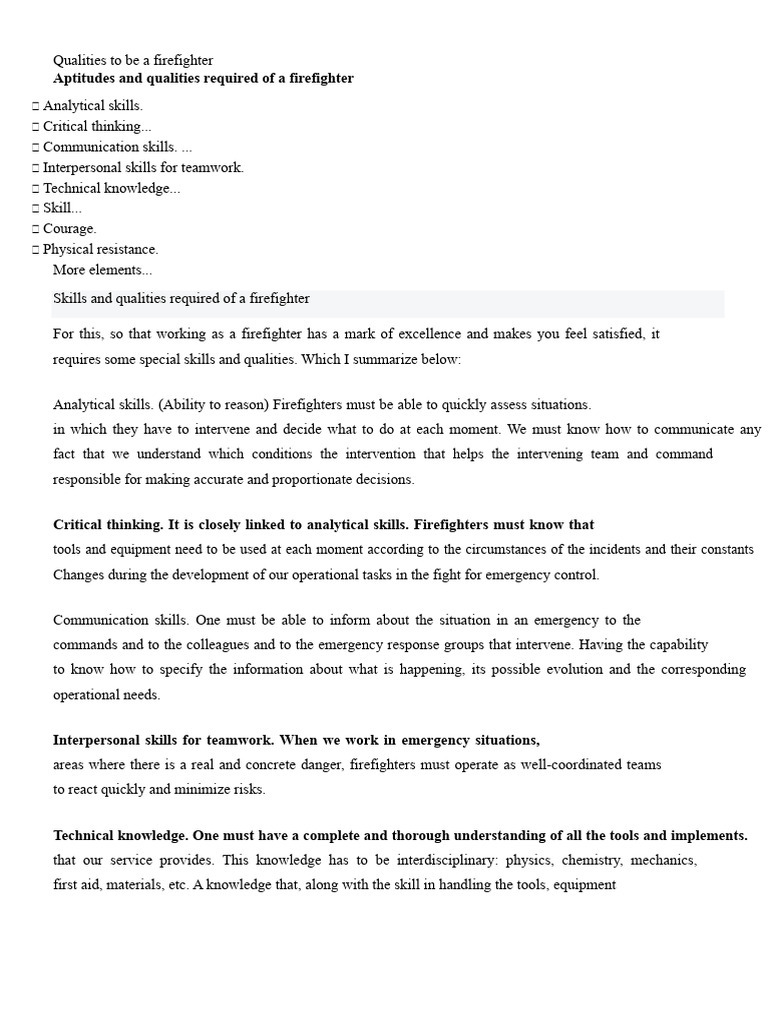 Essential Qualities of Firefighters | PDF | Firefighter | Skill