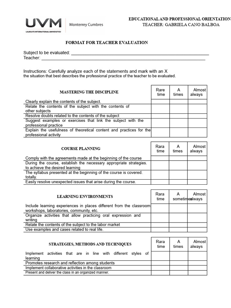 Teacher Evaluation Format Guide | PDF | Teachers | Learning