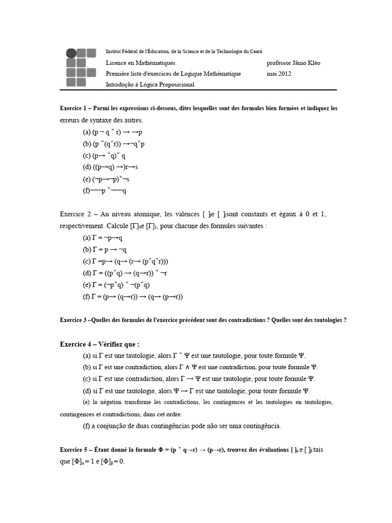 Liste d'exercices de logique mathématique | PDF | Métalogique | Syntaxe ...
