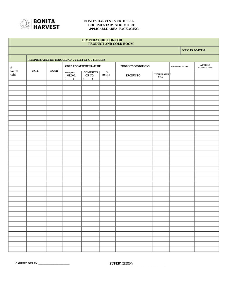 Cold Room Temperature Log Template | PDF
